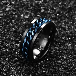 Trauringe VAKKI Herren 8 mm Wolframkarbidring Schwarzer Stahl mit blauer drehbarer Kette eingelegt Comfort Fit Größe 6-121