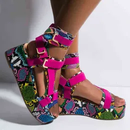 Kadın Düz Sandalet, Çok Renkli Yılan Gladyatör Ayakkabı, Yaz, 2022