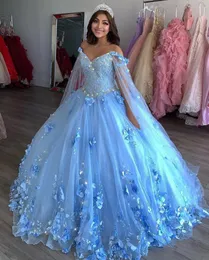 Jasnoniebieskie nowe słodkie 16 sukienki suknie balowe ręcznie wykonane kwiaty z koralikami aplikacji vestidos de quinceanera sukienka z okładami konkurs na cele 2622