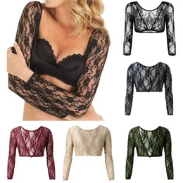 Seamless arm Shaper Sleevey Kvinnors Sexiga Lace V-Neck Perspektiv Crop Tops S-3XL 211230