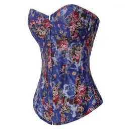 Kvinnor Gotiska Blommor Tryckt Overbust Waist Trainer Corset Top Push Up Bustier1