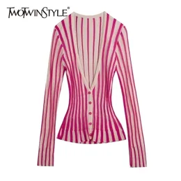 TWOTWINSTYLE Casual Striped Wemon Sweaters V Neck Long Sleeve Tunic Hit Color Sweater For Female Fashion Spring Clothes New 201202