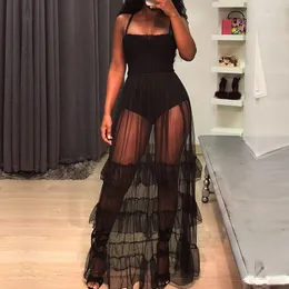 Casual Dresses Black Sexy See Through Sheer Mesh Maxi Dress Kvinnor Ärmlös Spaghetti Strap Long Ruffle Party Club Wear1