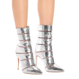 Glitter Silver Leather Patchwork Ankel Boots Pekade Toe Thin High Heel Transparent PVC Cutout Bling Booties Kvinna Kort Bottiner