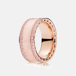 Feiner Schmuck, authentischer Ring aus 925er-Sterlingsilber, passend für Pandora Charm, Pave-Emaille-Roségold-Herzringe für Frauen, Verlobung, DIY-Eheringe