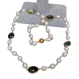 Yygem Natural White Rice Słodkowodne Pearl Różaniec Łańcuch Faceted Pear Labradorite Bezel Zestaw Sweter Wrap Łańcuch Naszyjnik 28 "Q0531