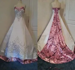 Pink Camo Wedding Dresses Embroidery Beaded Crystal Bridal Dresses White Satin Realtree Wedding Gowns with Lace up Back Court Train