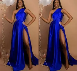Satin kraliyet seksi mavi akşam bir omuz yüksek yan bölünmüş resmi balo elbisesi ünlü parti elbisesi özel yapım vestidos de noche robe soiree