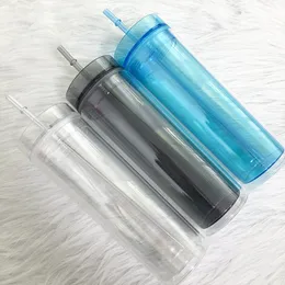 6 Colors Plastic Skinny Tumbler 22oz Acrylic Tumblers Double Wall Clear Water Cup With Lids and Straws