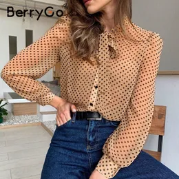 BerryGo Office ladies tie-neck women blouse shirt Summer spring long sleeve blouses Elegant bow work wear female top pink blusas 201130