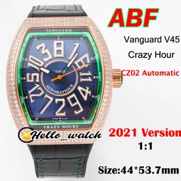 ABFクレイジーウォッチVanguard V45 3DアールデコマークブルーダイヤルCZ02自動メンズウォッチローズゴールドダイヤモンドケースレザーグリーンインナーhello_watch