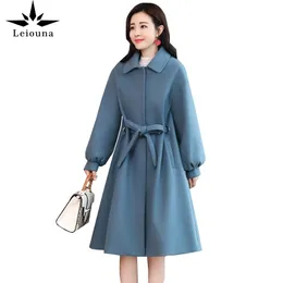 Leiouna 긴 솔리드 슬림 캐주얼 겉옷 여성 중간 한국 가을 겨울 여성 모직 코트 패션 폭격기 따뜻한 재킷 201030