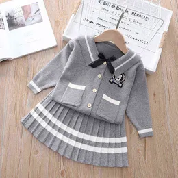 2021 Girls 2pcs Knitting Kids Set Winter Long Sleeves Princess Top and Skirt Birthday Designed Uniform Fall Party Cloth 1-8Ys G220310