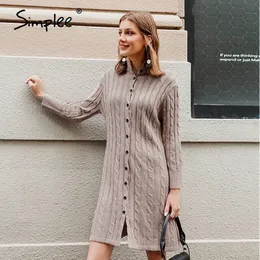 Simplee Casual Standı Yaka Kadın Örme Elbise Sonbahar Kış Uzun Kollu Düğme Elbise Yüksek Sokak Tarzı Kadın Kazak Elbise 201029