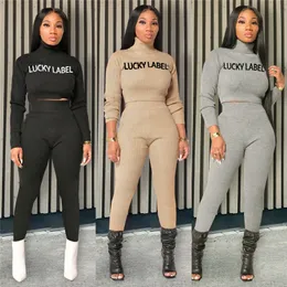 Lucky Label Susproidered Solid Solid Long Sleeved High Twlar Women Women Suits 2 قطعة Pant Suits
