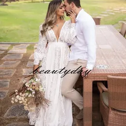 2022 Sunset Beach Wedding Dresses Lace Bridal Gowns Backless Sheer Long Sleeves Boho Plus Size Engagement Dress Floor Length robes de soirée mariée Ceremony