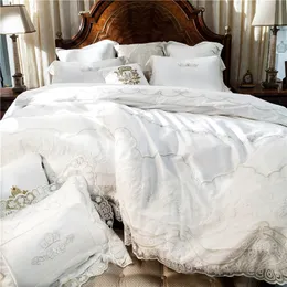 Französischer Stil weiß romantisch Spitzenrand Luxus Prinzessin Bettwäsche-Set aus ägyptischer Baumwolle Bettbezug Leinen Bettlaken Kissenbezüge T200706