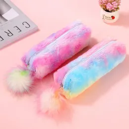 Pencil Bags Cute Zipper Hair Ball Pen Bag Rainbow Plush Case Large Capacity Pouch Kids Girls Gift School Stationery Supplies1