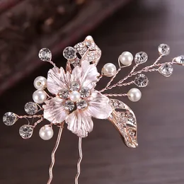 Handmade Rose Gold Flower Wedding Headpieces Silver Color Crystal Pearl Bride Hair Pin Clip Bridal Accessories Jewelry