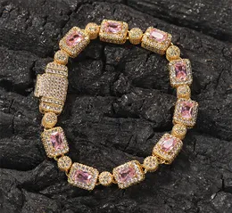 14k banhado a ouro retangular halo cluster diamante pulseira 5mm cúbico zircônia pulseiras para homens mulheres hip hop jóias