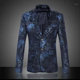 Men's Suits & Blazers Wholesale- Mens Royal Blue Flower Blazer Slim Fitted Prom Men Two Button Suit Jacket Stage Costumes For Singers Busine