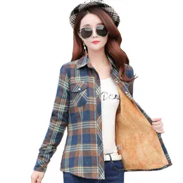 New Women Wool Thicken Plaid Shirts Female M-5XL Flannel Long Sleeve Blouses Cotton Cashmere Shirt Winter Pockets Slim Tops H1230