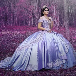 ラベンダーボールガウンスウィート16ドレスオフ肩2021花のアップリケ3D花のビーズサテンvestiods de Quinceanera Dress Fashion