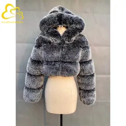 Winter Warm Fluffy Faux Fur Coats Jackets Women High Quality Fake Fur Cropped Jackets with Hooded Winter Fur Jacket 201028