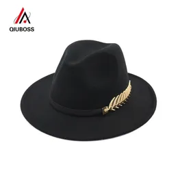 QIUBOSS Trend Einfarbig Männer Frauen Wollfilz Panama Hut Fedora Caps Lederband Metall Blätter Muster Schwarz Jazz Trilby QB04 Y200110