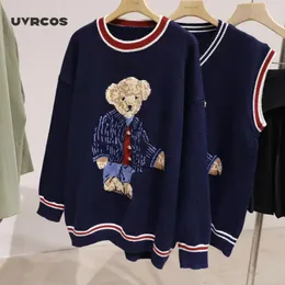 UVRCOS 대형 여성 스웨터 가을 겨울 니트웨어 풀오버 캐주얼 한국 여자 귀여운 테디 베어 Jaquard 스웨터 V 넥 knitt1
