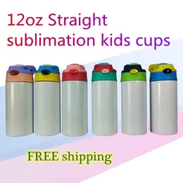 Local warehouse sublimation 12oz Kids straight Sippy tumblers with straw portable lid 5 color for Children Student drinking water milk bottle 350ml B1