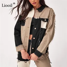 Lioooil Patchwork Denim Gevşek Mont Ve Ceketler Kadınlar Güz Kış Streetwear Renk Blok Ceket Düğme Kadar Cepler Seksi Ince Coat 201112