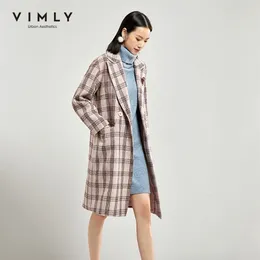 vimly 겨울 여성 외투 격자 무늬 풀린 재킷 우아한 옷깃 브로치 더블 브레스트 느슨한 패션 여성 롱 코트 30151 201216