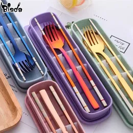 Portable Dinner Set With Box Stainless Steel Chopstick Spoon Fork Travel Cutlery Kids For School Outdoor Picnic 211229