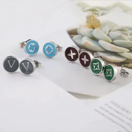 Europe America Simple Style Lady Women Titanium Steel Colored Enamel V Initials Four Leaf Flower Small Stud Earrings 3 Color9191645