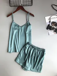 Is Silk TwinSet Sleepwears Koreanska Solid Färg Kvinnor Pyjamas Camisole Pajama Set Kvinna Sommar Vest Shorts Suit