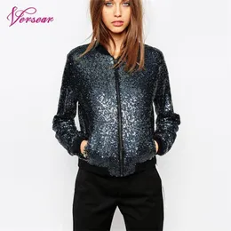 Женщины Sequin Coat Bomber Jacket с длинным рукавом на молнии Streetwear Повседневная свободная верхняя одежда с блестками Новая мода Женское осеннее пальто T200212