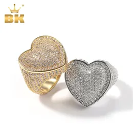 Bling King Big Heart Ring Full Micro Paved Buzlu Bling Kübik Zirkonya Hiphop Erkekler ve Kadınlar İçin Narin Punk Takı 220216