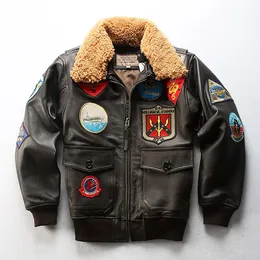 17 Embroidereds Padded cowhide leather bomber jacket G1 flight suit with lamb fur collar
