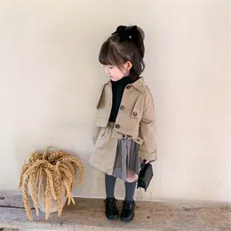 Autumn Baby Girl Fashion 2st Set Set Korean Style Trench Suit Coat+kjol Khaki Plaid Patchwork Girls Jackets