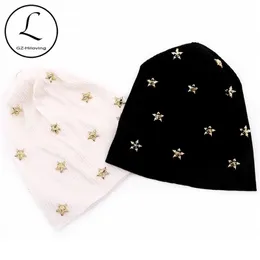 Casual Mulheres Estrela Ribbed Algodão Beanie Outono Inverno Knit Slouch Chapéu Para Senhoras Preto Overisze Bonecas Chapéus Personalizados Y201024