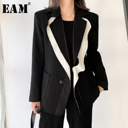 [EAM] Kadınlar Siyah Kontrast Renk Burr Blazer Yeni Yaka Uzun Kollu Gevşek Fit Ceket Moda Gelgit İlkbahar Sonbahar 1W519 201114