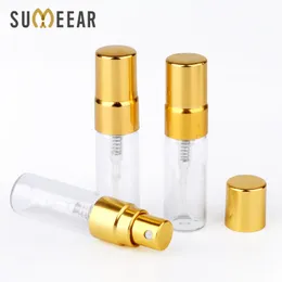 100 pc / lote 3ml portátil amostral garrafa de vidro transgrata o atomizador de perfume de vidro com recipiente de viagem de bomba de metal ouro