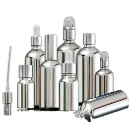 5ML 30ML 100ML Silver Glass Essential Oil Dropper Bottle Cosmetic Packaging Serum Lotion Pump Spray Atomizer Vial 15pcs 201013