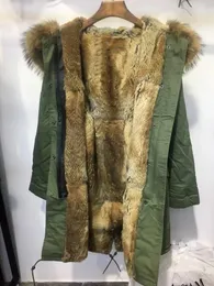 Lussuoso bordo in pelliccia di procione marrone Pellicce Mukla marca marrone rex fodera in pelliccia di coniglio verde militare lungo parka da donna