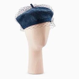 Nya Trendiga Kvinnor Birdcage Veils Franska Beret Vinter Denim Beret Hat Cap Lady Gatsby Style Caps Blue Black Justerbar Varm Beanie 201026