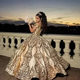 Funkelnde goldene Ballkleid Quinceanera Kleider Glitzer Paillettenspitze von Schulter v Hals süßes Kleid Vestidos de Aos Brithday Party Promkleider