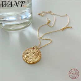 WANTME Punk Trendy Geometric Round Lion Pendant Chain Necklace for Women Genuine 925 Sterling Silver Fine Animal Jewelry 2020 Q0531