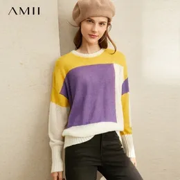 AMII Minimalist Kişilik Moda Slouchy Yün Triko Kadınlar Yeni Kontrast Patchwork Gevşek Kazak 11930458 201017