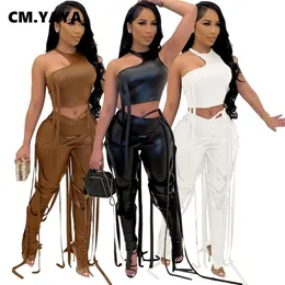 CM.YAYA Faux Leather Sweatsuit Mulheres Set Drawstring Lace Up Leggings Leggings Terno Tracksuit Two Parte Fitness Outfit 220315